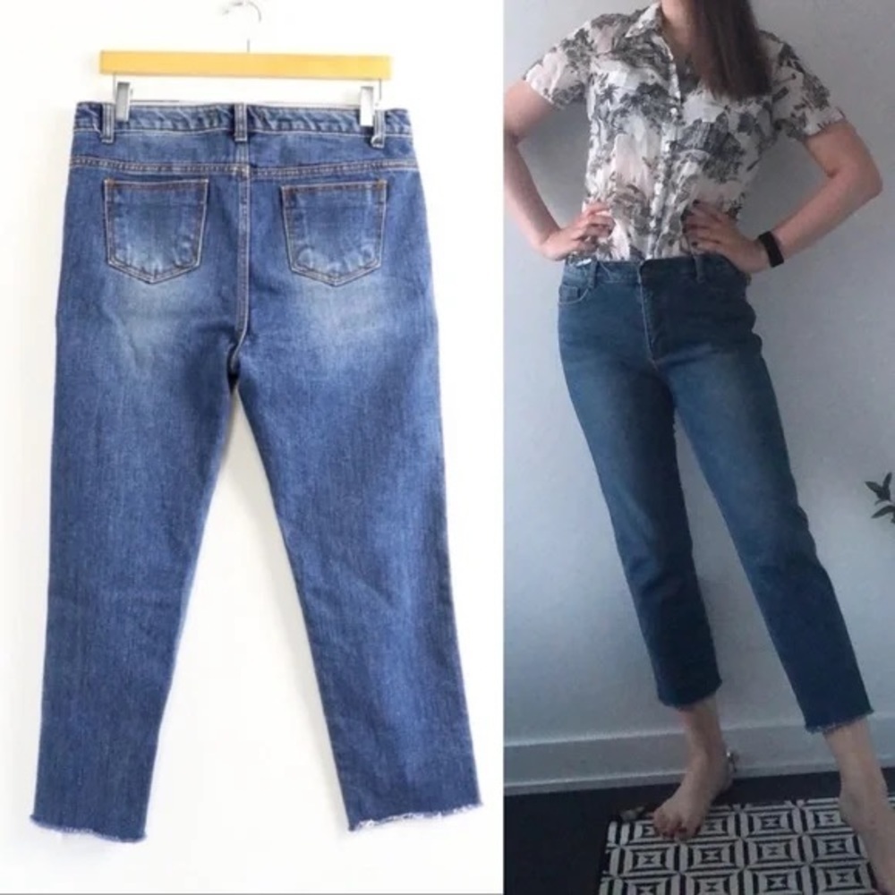 Mill Luxe slim straight jeans blue medium wash raw hem cut off urban classic 6